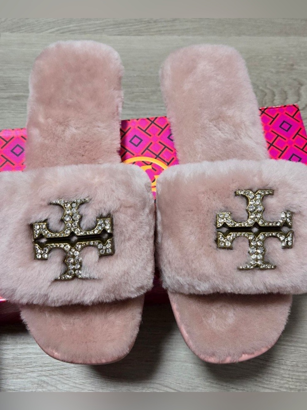 Tory Burch Pink Fuzzy Slide Sandals with Crystal Logo